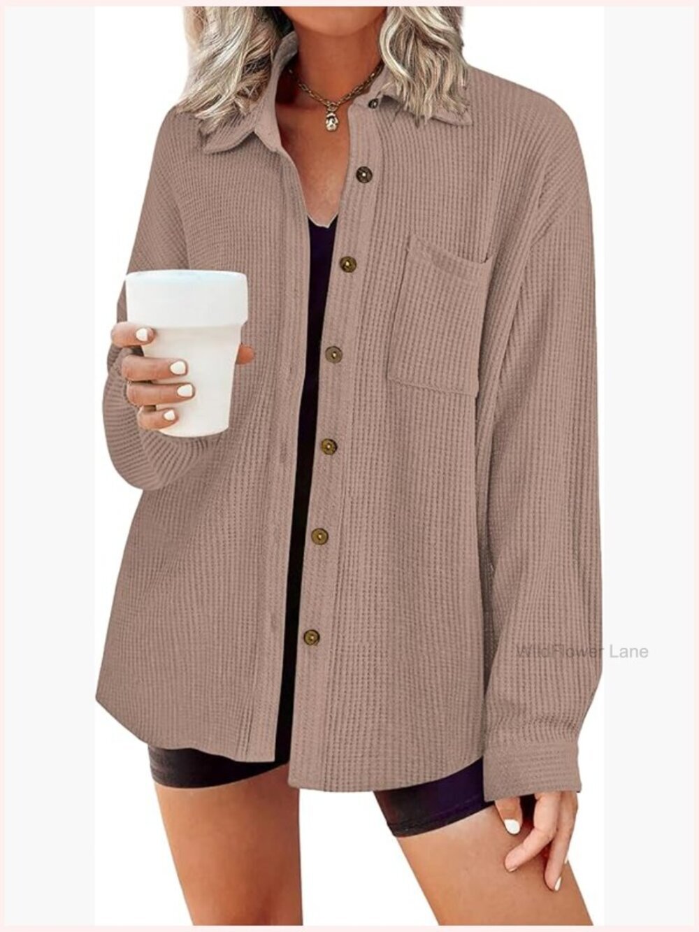 Women's Button Down Shacket Long Sleeve Waffle Knit Work Tops with Pocket